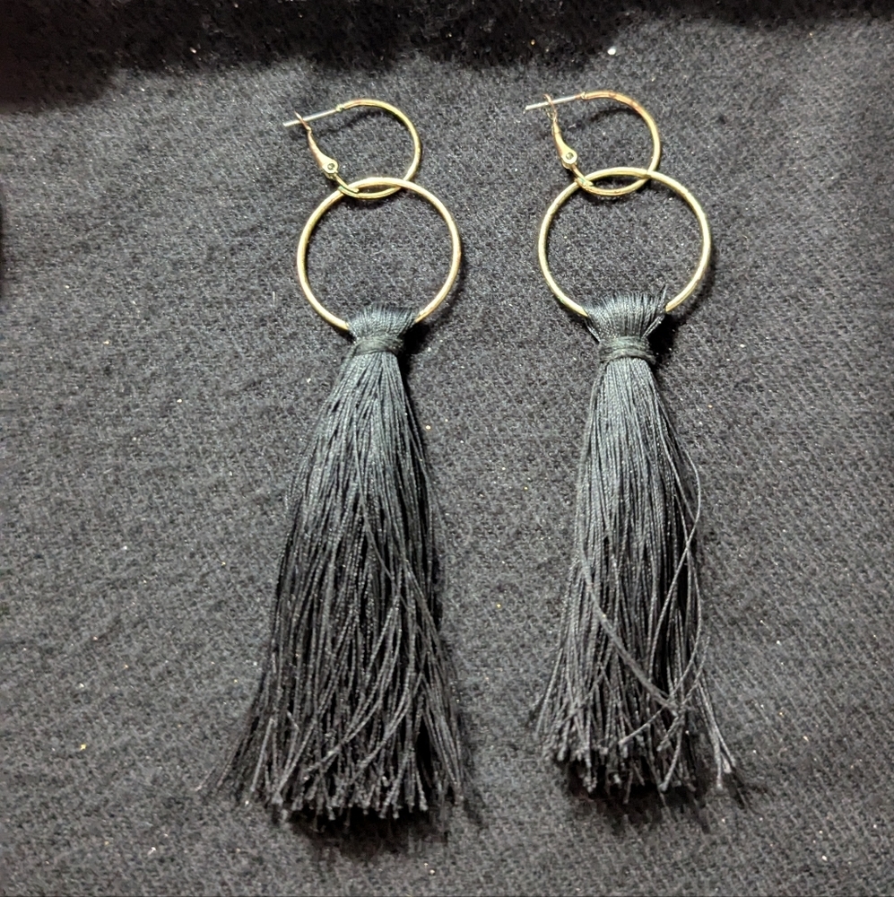 Gold Tone Black Silk Tassel Long Shoulder Duster Statement Earrings